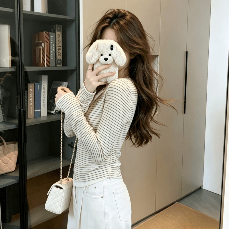 실사 아메리칸 페이크 레이어드 스트라이프 긴팔 티셔츠 여성 가을 디자인 센스 몸매 가꾸기 인사이드 가져 가라. 쇼트 스타일 Chic 맨위 이미지 3