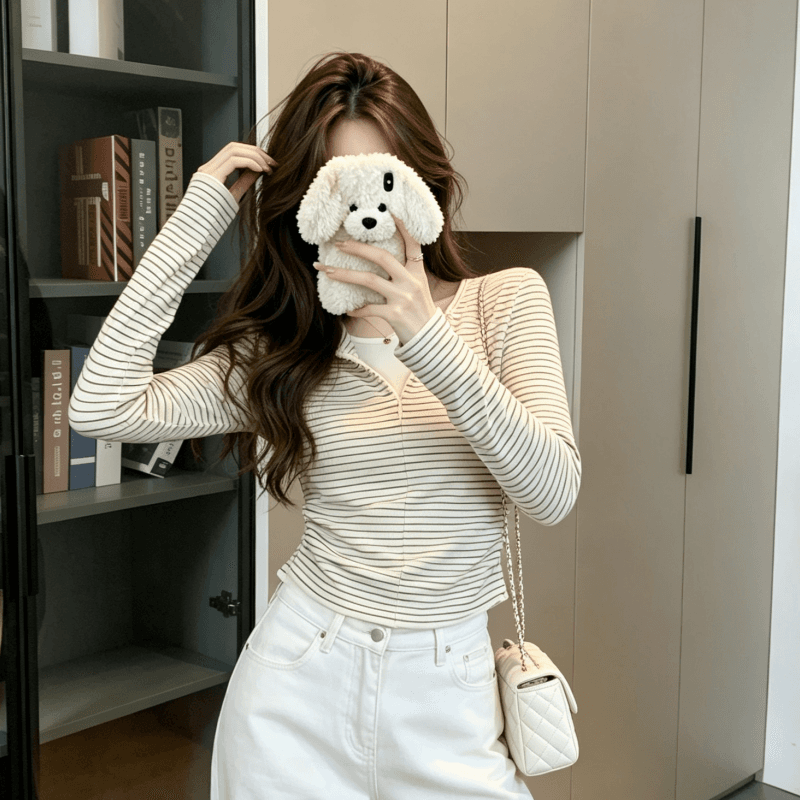 실사 아메리칸 페이크 레이어드 스트라이프 긴팔 티셔츠 여성 가을 디자인 센스 몸매 가꾸기 인사이드 가져 가라. 쇼트 스타일 Chic 맨위 상세 이미지 2