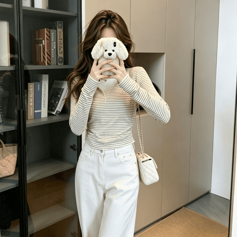 실사 아메리칸 페이크 레이어드 스트라이프 긴팔 티셔츠 여성 가을 디자인 센스 몸매 가꾸기 인사이드 가져 가라. 쇼트 스타일 Chic 맨위 상세 이미지 3