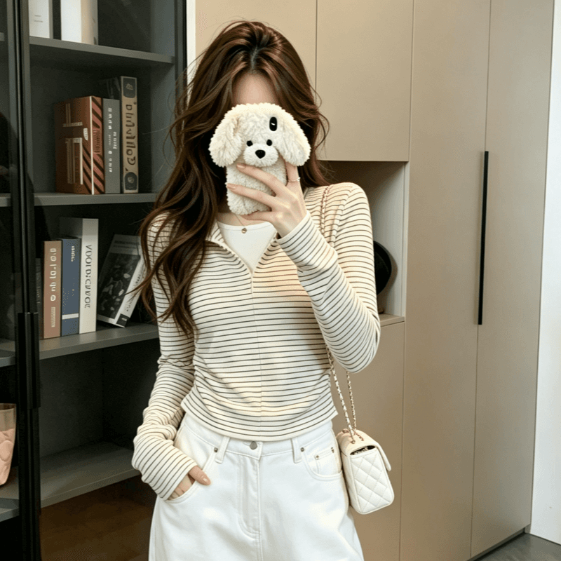 실사 아메리칸 페이크 레이어드 스트라이프 긴팔 티셔츠 여성 가을 디자인 센스 몸매 가꾸기 인사이드 가져 가라. 쇼트 스타일 Chic 맨위 상세 이미지 6