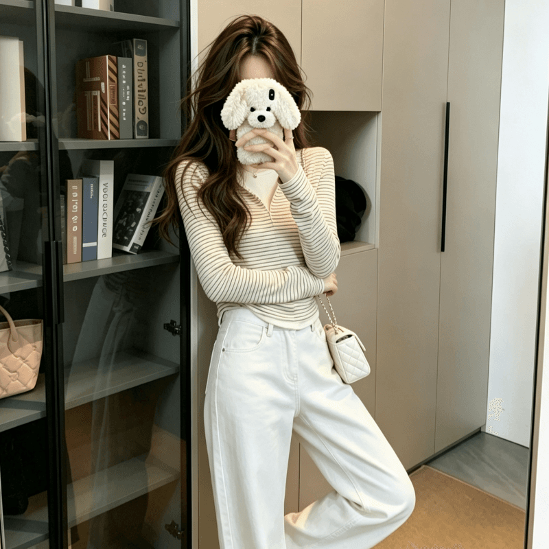 실사 아메리칸 페이크 레이어드 스트라이프 긴팔 티셔츠 여성 가을 디자인 센스 몸매 가꾸기 인사이드 가져 가라. 쇼트 스타일 Chic 맨위 상세 이미지 7