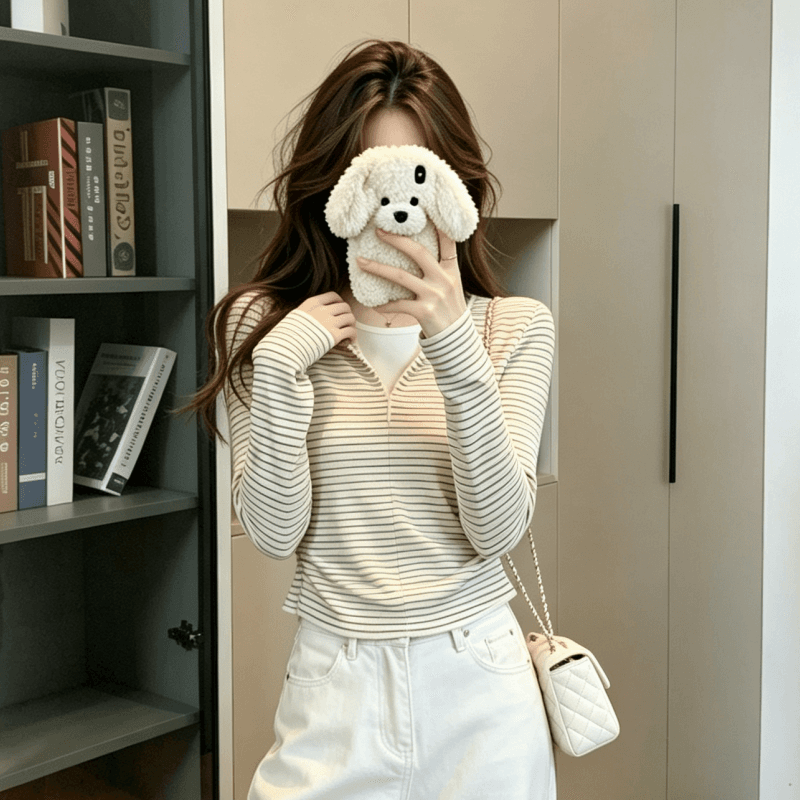실사 아메리칸 페이크 레이어드 스트라이프 긴팔 티셔츠 여성 가을 디자인 센스 몸매 가꾸기 인사이드 가져 가라. 쇼트 스타일 Chic 맨위 상세 이미지 8
