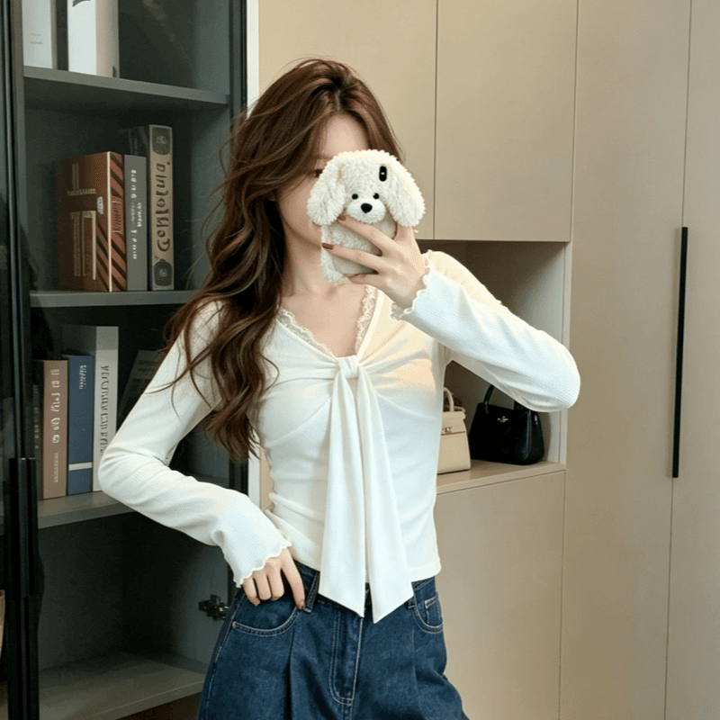 실사 양모 260 그램 긴팔 티셔츠 여성 봄 가을 얇은 페이크 레이어드 레이스 V넥 기본 셔츠 맨위 상세 이미지 4