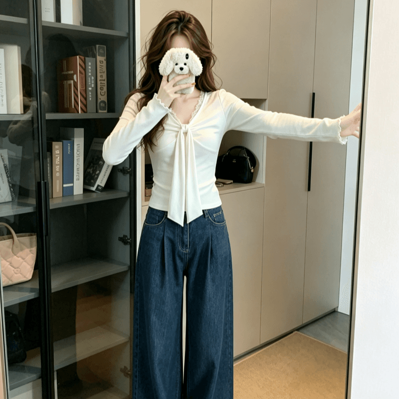 실사 양모 260 그램 긴팔 티셔츠 여성 봄 가을 얇은 페이크 레이어드 레이스 V넥 기본 셔츠 맨위 상세 이미지 7