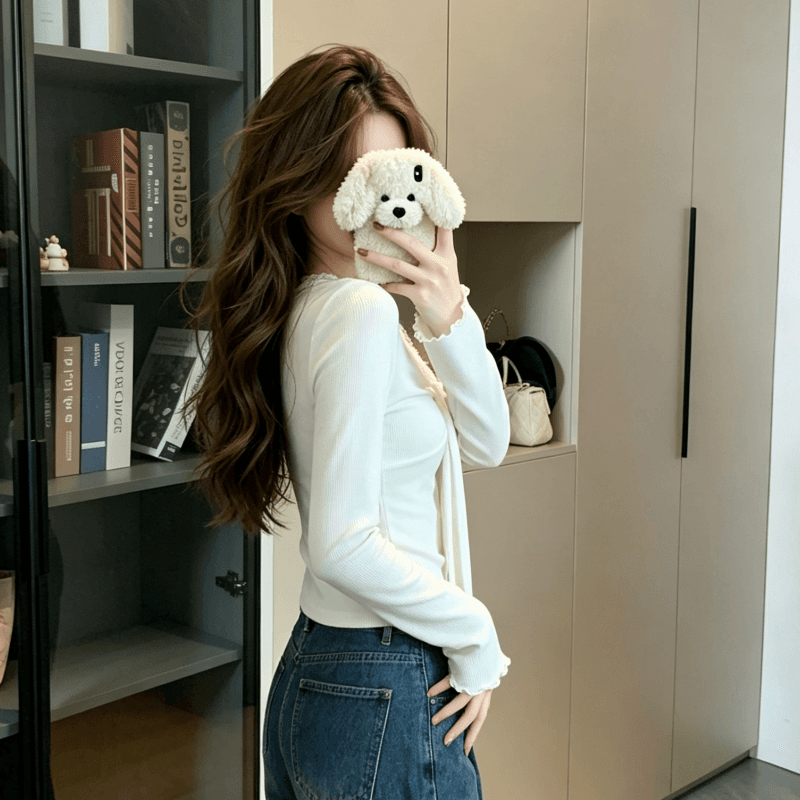 실사 양모 260 그램 긴팔 티셔츠 여성 봄 가을 얇은 페이크 레이어드 레이스 V넥 기본 셔츠 맨위 상세 이미지 8