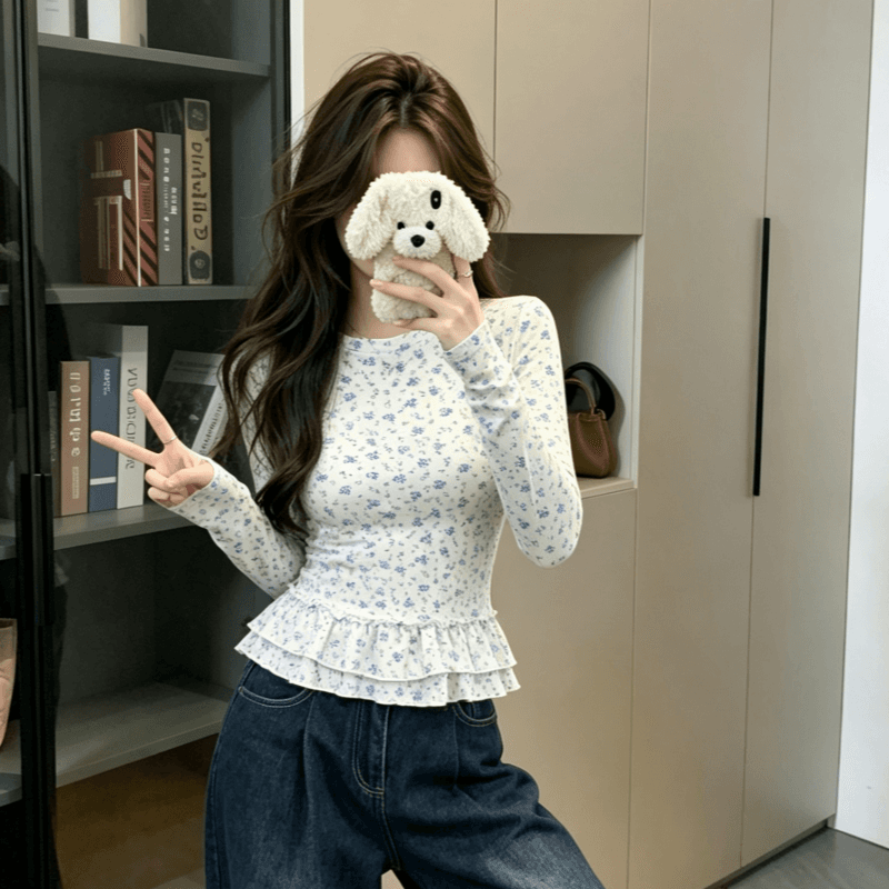 실사 긴팔 티셔츠 여성 봄 가을 새로운 얇은 레이스 밑단 파란색 작은 꽃무늬 마이크로 ~을 통해 기본 셔츠 맨위 이미지 2