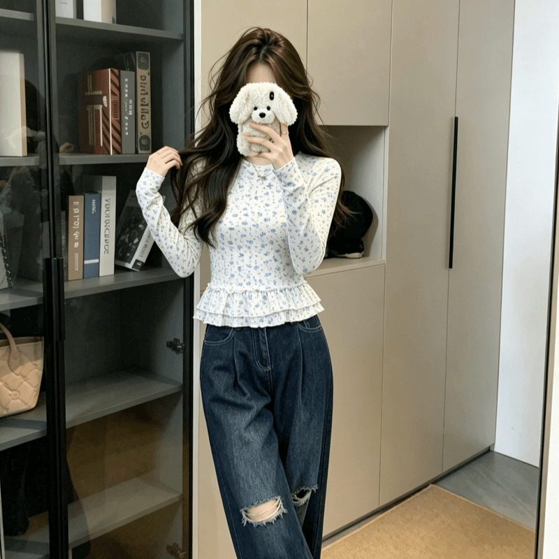 실사 긴팔 티셔츠 여성 봄 가을 새로운 얇은 레이스 밑단 파란색 작은 꽃무늬 마이크로 ~을 통해 기본 셔츠 맨위 이미지 5