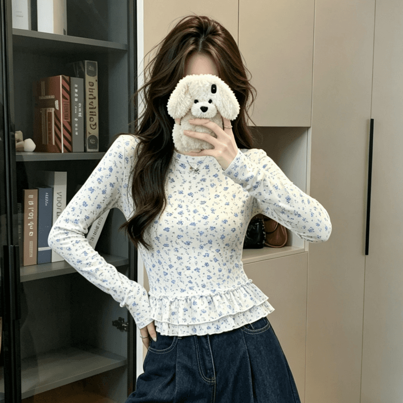 실사 긴팔 티셔츠 여성 봄 가을 새로운 얇은 레이스 밑단 파란색 작은 꽃무늬 마이크로 ~을 통해 기본 셔츠 맨위