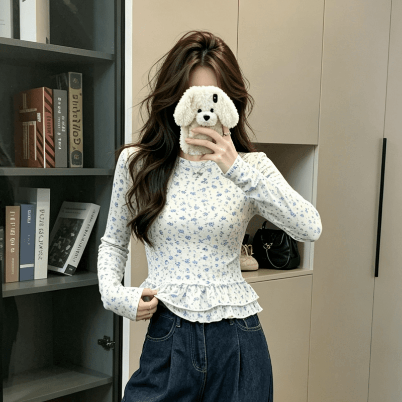 실사 긴팔 티셔츠 여성 봄 가을 새로운 얇은 레이스 밑단 파란색 작은 꽃무늬 마이크로 ~을 통해 기본 셔츠 맨위 상세 이미지 2