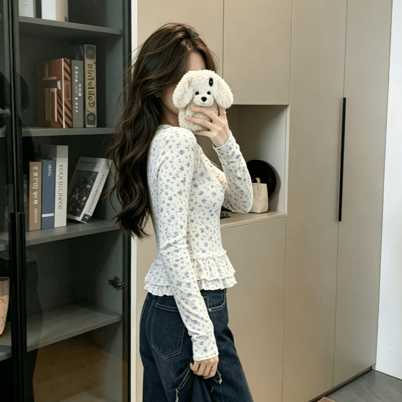 실사 긴팔 티셔츠 여성 봄 가을 새로운 얇은 레이스 밑단 파란색 작은 꽃무늬 마이크로 ~을 통해 기본 셔츠 맨위 상세 이미지 5