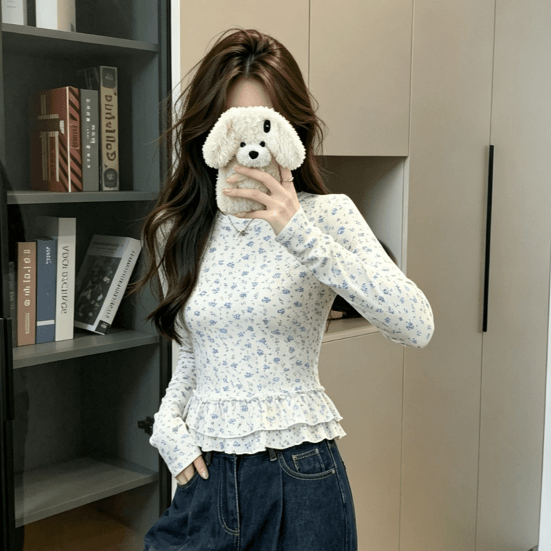 실사 긴팔 티셔츠 여성 봄 가을 새로운 얇은 레이스 밑단 파란색 작은 꽃무늬 마이크로 ~을 통해 기본 셔츠 맨위 상세 이미지 8