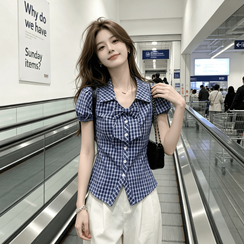실사 한 부서 레트로 체크무늬 나비 매듭 거품 소매 반팔 여성 셔츠 여름 새로운 허리 수축 슬림해 보이는 맨위 상세 이미지 8