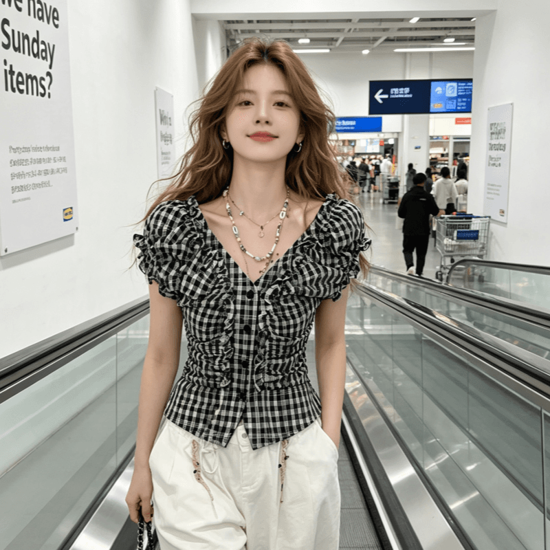 실사 정가 검은 격자 V넥 버블 반팔 여성 셔츠 2026 여름 고유 한 작은 셔츠 허리 수축 달콤한 매운맛 맨위 이미지 2