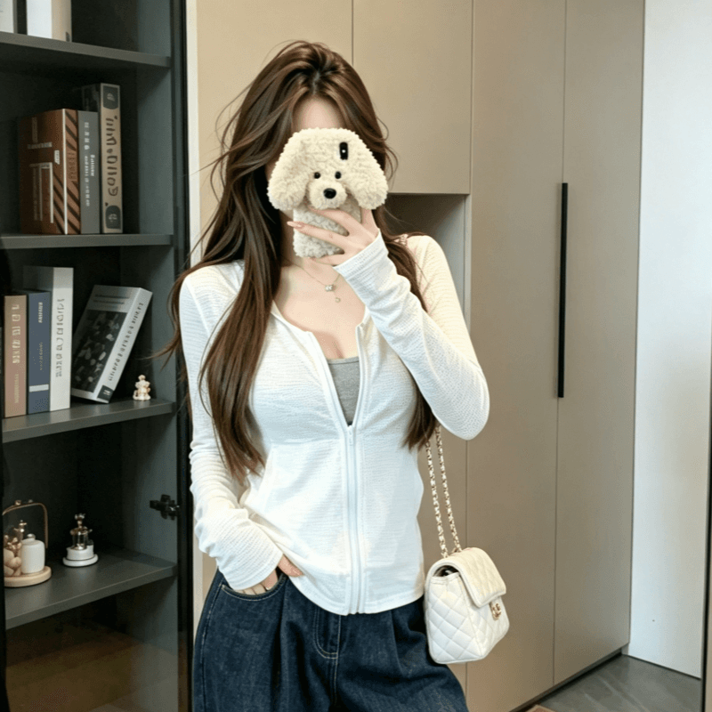 실사 미니멀리즘 티셔츠 후드 여름 화이트 디자인 자외선 차단 새로운 지퍼 긴팔 몸매 가꾸기 카디건 코트 맨위 이미지 4