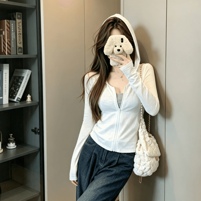 실사 미니멀리즘 티셔츠 후드 여름 화이트 디자인 자외선 차단 새로운 지퍼 긴팔 몸매 가꾸기 카디건 코트 맨위 상세 이미지 2
