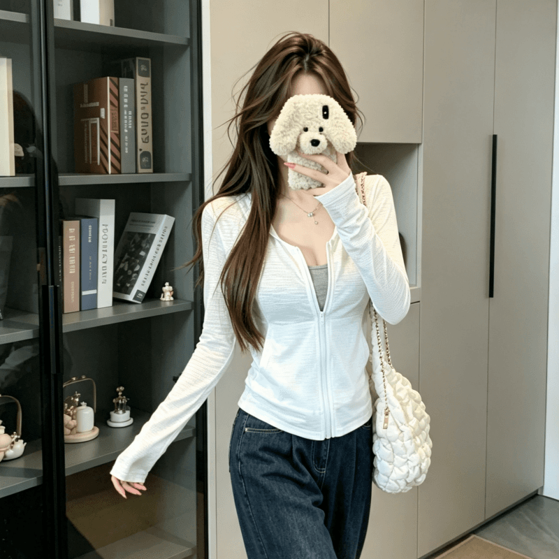 실사 미니멀리즘 티셔츠 후드 여름 화이트 디자인 자외선 차단 새로운 지퍼 긴팔 몸매 가꾸기 카디건 코트 맨위 상세 이미지 3