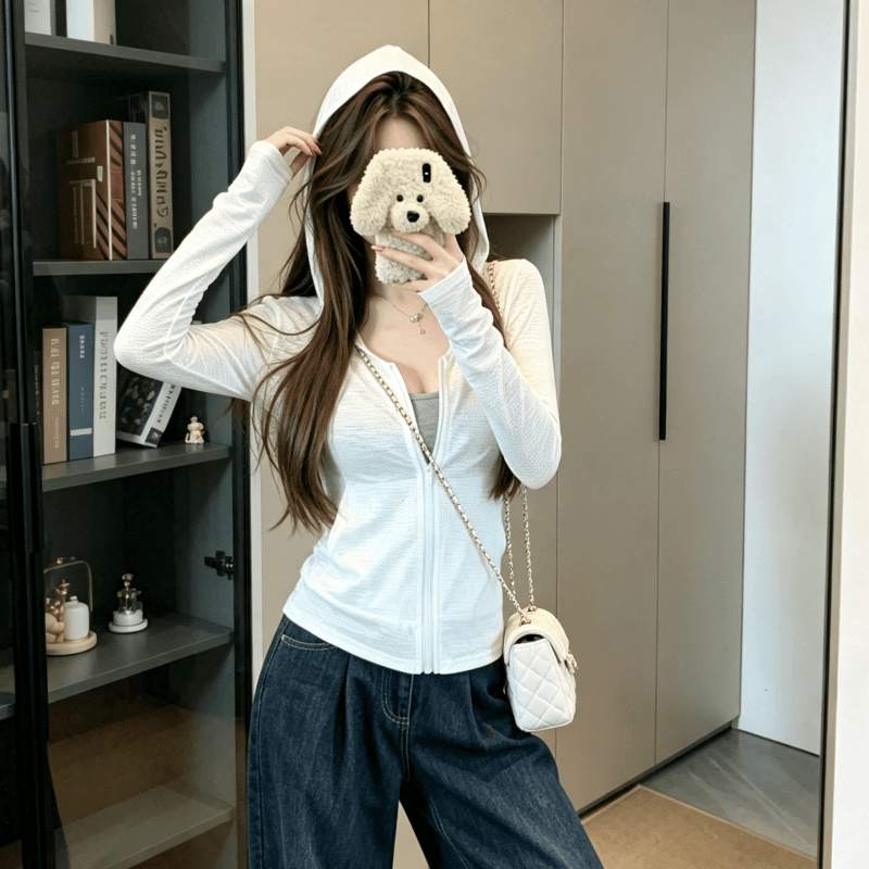실사 미니멀리즘 티셔츠 후드 여름 화이트 디자인 자외선 차단 새로운 지퍼 긴팔 몸매 가꾸기 카디건 코트 맨위 상세 이미지 4