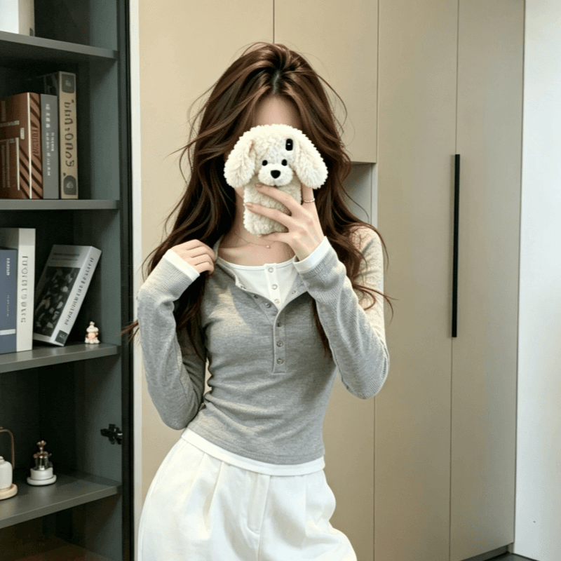실사 긍정적 인 어깨 쇼트 스타일 인사이드 가져 가라. V넥 페이크 레이어드 맨위 여성 가을 달콤한 매운맛 chic 작은 키 만나는 긴팔 티셔츠 상세 이미지 5