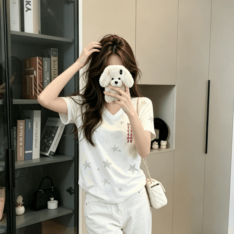 실사 정가 아메리칸 별 알파벳 프린트 반팔 여성 티셔츠 허리 수축 루즈핏 슬림해 보이는 맨위