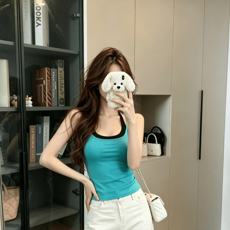 실사 한 부서 페이크 레이어드 행침 목 캐미솔 여름 인사이드 가져 가라. 외출용 몸매 가꾸기 슬림해 보이는 민소매 맨위 이미지 2