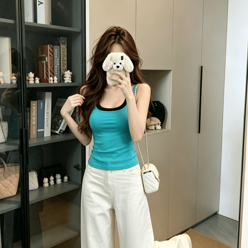 실사 한 부서 페이크 레이어드 행침 목 캐미솔 여름 인사이드 가져 가라. 외출용 몸매 가꾸기 슬림해 보이는 민소매 맨위 이미지 3