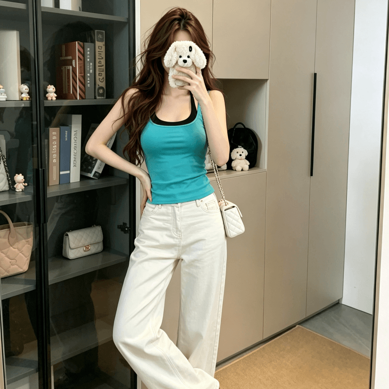 실사 한 부서 페이크 레이어드 행침 목 캐미솔 여름 인사이드 가져 가라. 외출용 몸매 가꾸기 슬림해 보이는 민소매 맨위 이미지 4