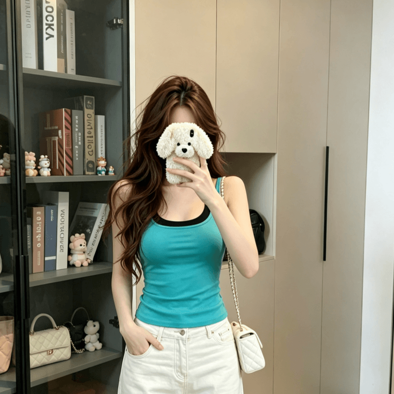 실사 한 부서 페이크 레이어드 행침 목 캐미솔 여름 인사이드 가져 가라. 외출용 몸매 가꾸기 슬림해 보이는 민소매 맨위 상세 이미지 1