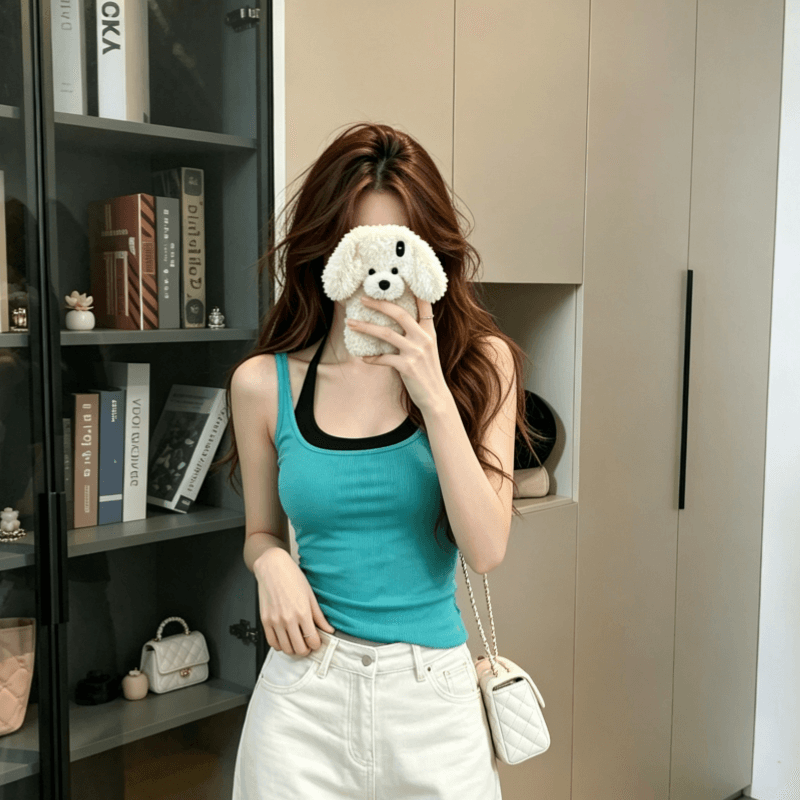 실사 한 부서 페이크 레이어드 행침 목 캐미솔 여름 인사이드 가져 가라. 외출용 몸매 가꾸기 슬림해 보이는 민소매 맨위 상세 이미지 6