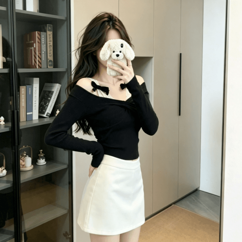 실사 정가 페이크 레이어드 레이스 오프숄더 긴팔 티셔츠 여성 봄 가을 오프숄더 몸매 가꾸기 슬림해 보이는 순수한 욕망 바람 맨위 이미지 3