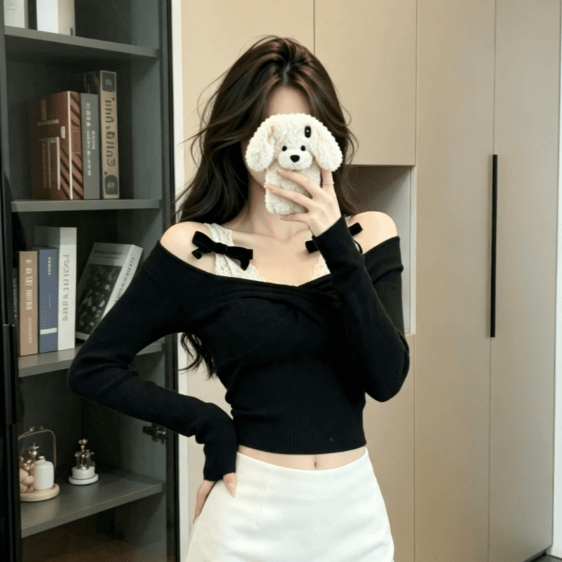 실사 정가 페이크 레이어드 레이스 오프숄더 긴팔 티셔츠 여성 봄 가을 오프숄더 몸매 가꾸기 슬림해 보이는 순수한 욕망 바람 맨위 이미지 2