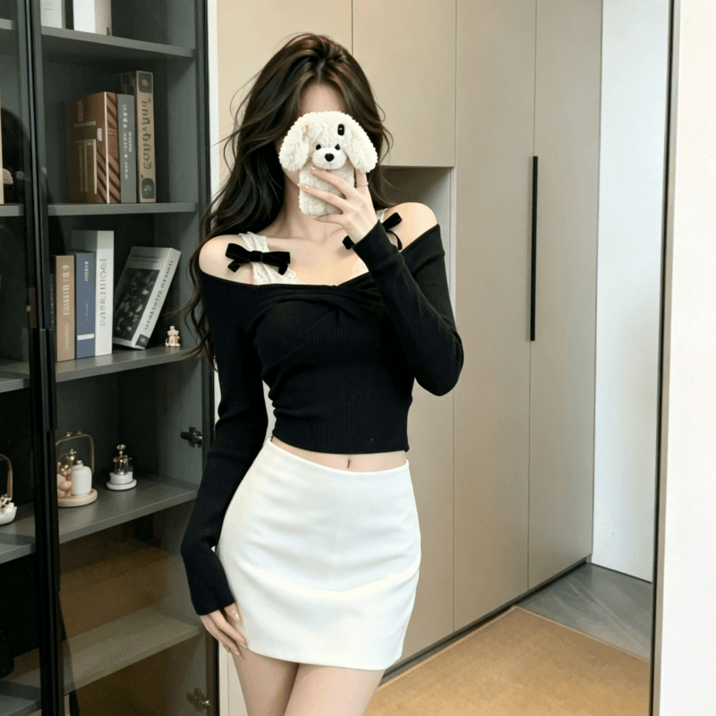 실사 정가 페이크 레이어드 레이스 오프숄더 긴팔 티셔츠 여성 봄 가을 오프숄더 몸매 가꾸기 슬림해 보이는 순수한 욕망 바람 맨위