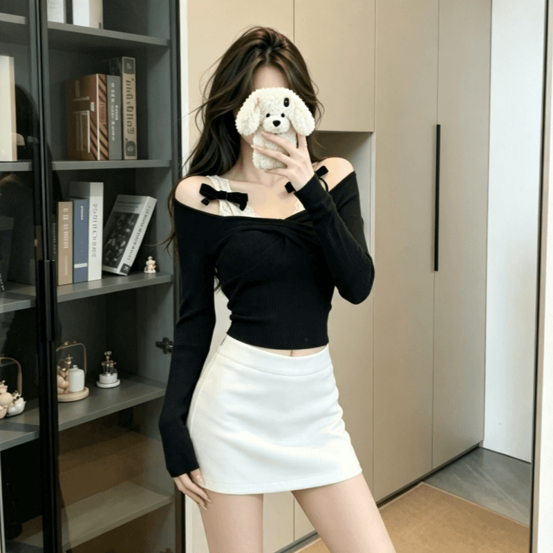 실사 정가 페이크 레이어드 레이스 오프숄더 긴팔 티셔츠 여성 봄 가을 오프숄더 몸매 가꾸기 슬림해 보이는 순수한 욕망 바람 맨위 이미지 5