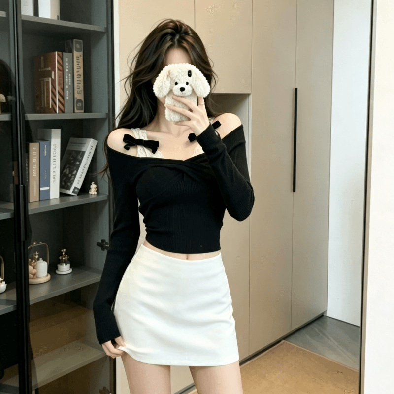 실사 정가 페이크 레이어드 레이스 오프숄더 긴팔 티셔츠 여성 봄 가을 오프숄더 몸매 가꾸기 슬림해 보이는 순수한 욕망 바람 맨위 상세 이미지 2