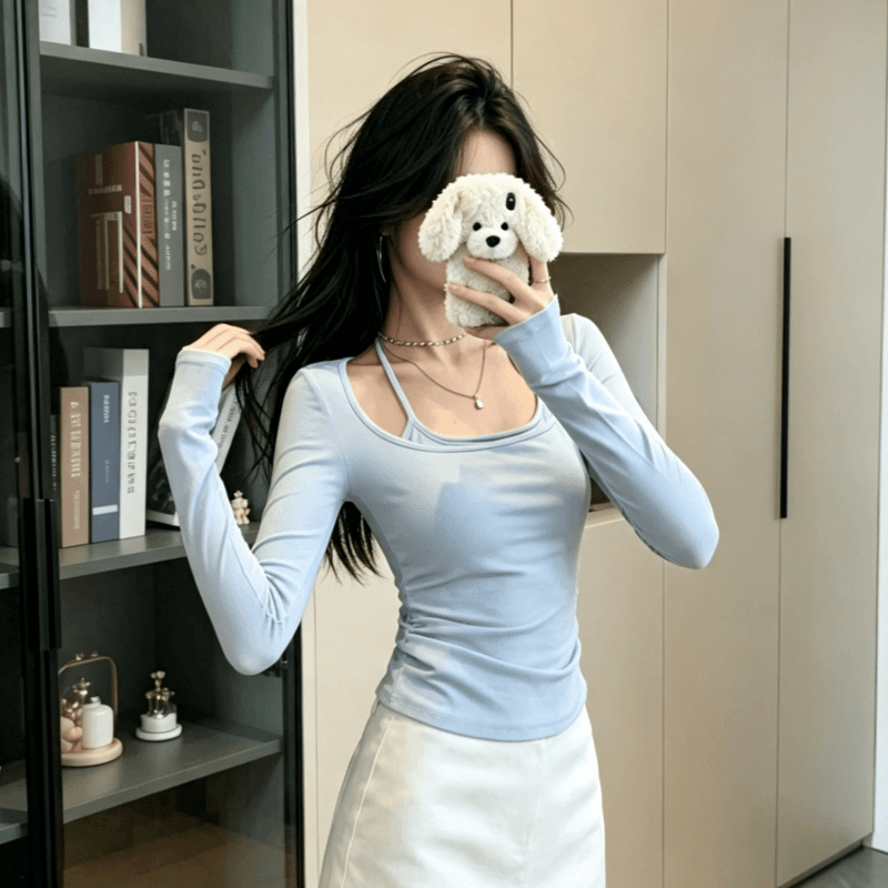 실사 한 부서 순수한 욕망 긴팔 티셔츠 여성 가을 겨울 외출용 몸매 가꾸기 슬림해 보이는 핫걸 u 칼라 페이크 레이어드 인사이드 잡아라. 의류 이미지 4