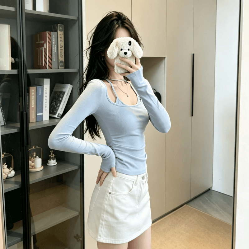 실사 한 부서 순수한 욕망 긴팔 티셔츠 여성 가을 겨울 외출용 몸매 가꾸기 슬림해 보이는 핫걸 u 칼라 페이크 레이어드 인사이드 잡아라. 의류 이미지 3