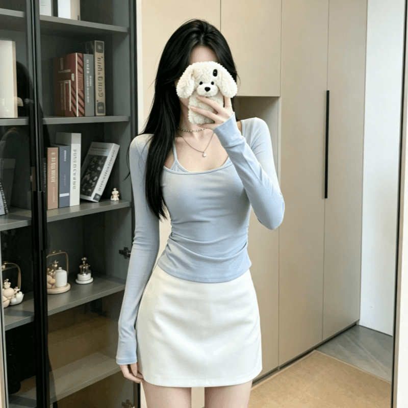 실사 한 부서 순수한 욕망 긴팔 티셔츠 여성 가을 겨울 외출용 몸매 가꾸기 슬림해 보이는 핫걸 u 칼라 페이크 레이어드 인사이드 잡아라. 의류