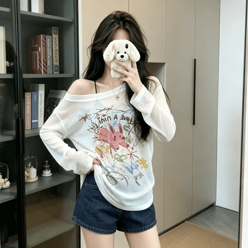 실사 여름 낙서 느긋한 프린트 루즈핏 티셔츠 여성 디자인 센스 긴팔 얇은 스타일 마이크로 ~을 통해 자외선 차단 블라우스 이미지 5