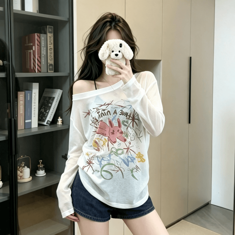실사 여름 낙서 느긋한 프린트 루즈핏 티셔츠 여성 디자인 센스 긴팔 얇은 스타일 마이크로 ~을 통해 자외선 차단 블라우스