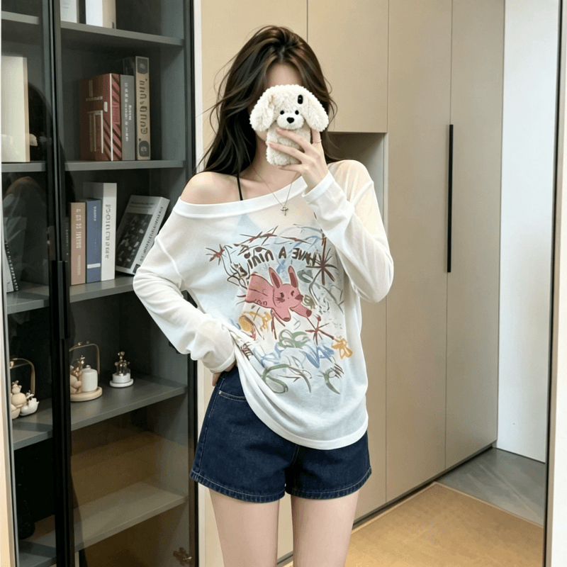 실사 여름 낙서 느긋한 프린트 루즈핏 티셔츠 여성 디자인 센스 긴팔 얇은 스타일 마이크로 ~을 통해 자외선 차단 블라우스 이미지 2