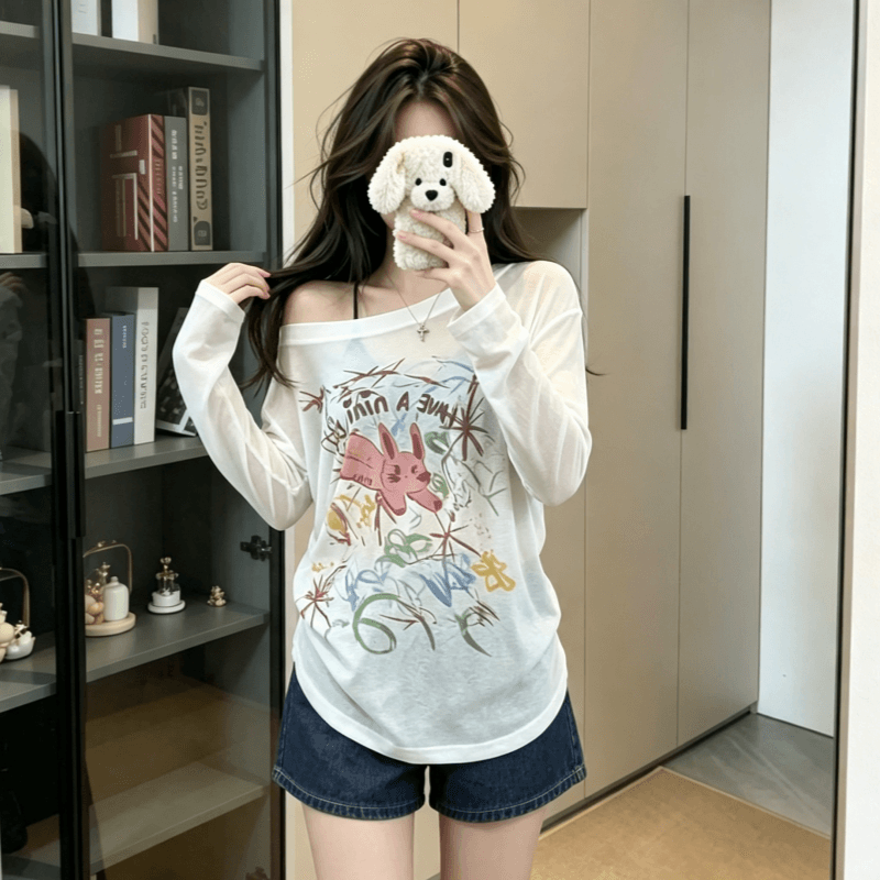 실사 여름 낙서 느긋한 프린트 루즈핏 티셔츠 여성 디자인 센스 긴팔 얇은 스타일 마이크로 ~을 통해 자외선 차단 블라우스 상세 이미지 3