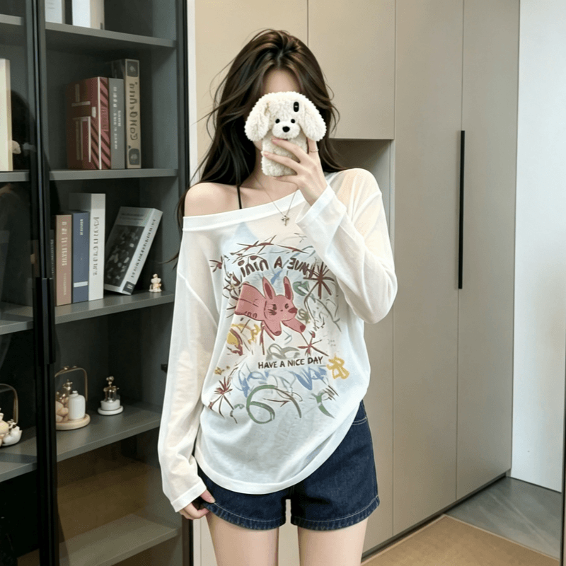 실사 여름 낙서 느긋한 프린트 루즈핏 티셔츠 여성 디자인 센스 긴팔 얇은 스타일 마이크로 ~을 통해 자외선 차단 블라우스 상세 이미지 5
