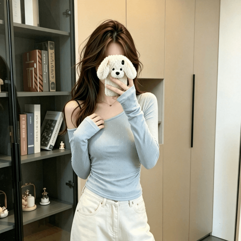 실사 260 그램 리브 긴팔 티셔츠 여성 의류 2026 이른 봄 새로운 디자인 센스 몸매 가꾸기 기본 셔츠 비스듬한 칼라 맨위 상세 이미지 8