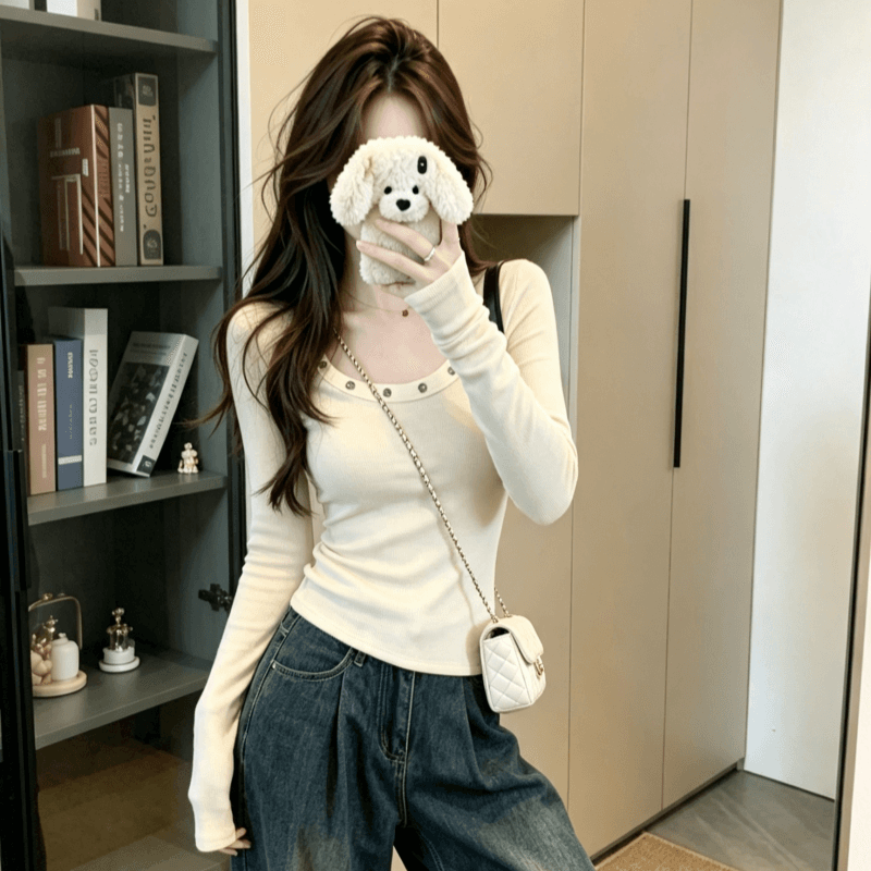 실사 가을 한국 스타일 낮음 라운드 넥 징 품격 디자인 센스 양모 긴팔 기본 셔츠 티셔츠 맨위