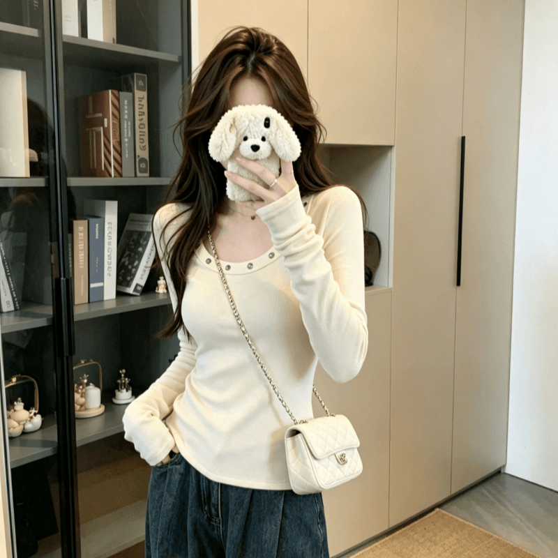 실사 가을 한국 스타일 낮음 라운드 넥 징 품격 디자인 센스 양모 긴팔 기본 셔츠 티셔츠 맨위 이미지 5