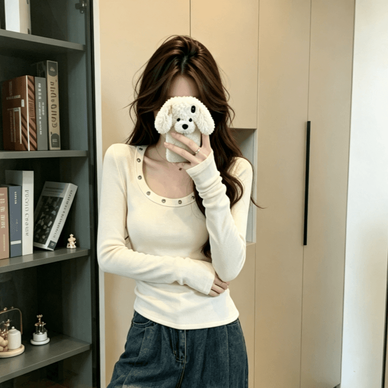 실사 가을 한국 스타일 낮음 라운드 넥 징 품격 디자인 센스 양모 긴팔 기본 셔츠 티셔츠 맨위 이미지 4