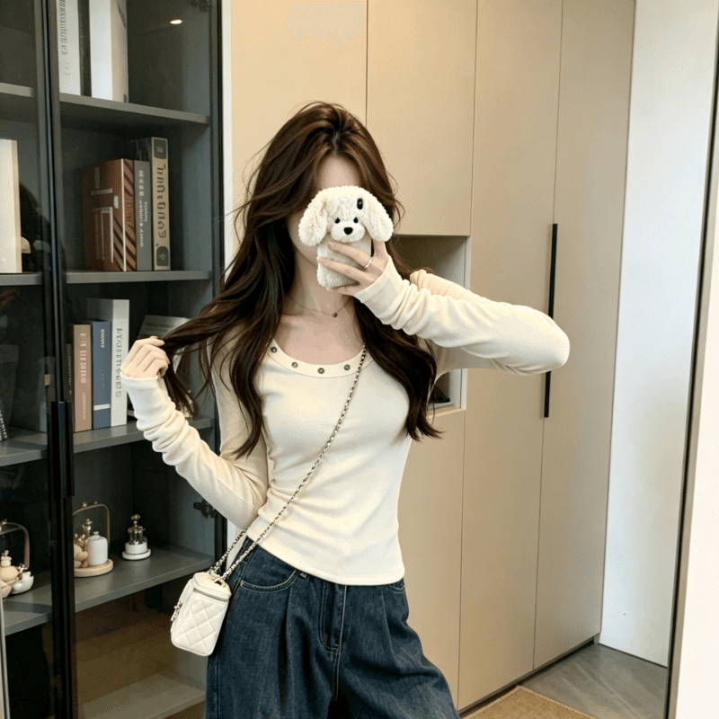 실사 가을 한국 스타일 낮음 라운드 넥 징 품격 디자인 센스 양모 긴팔 기본 셔츠 티셔츠 맨위 상세 이미지 3
