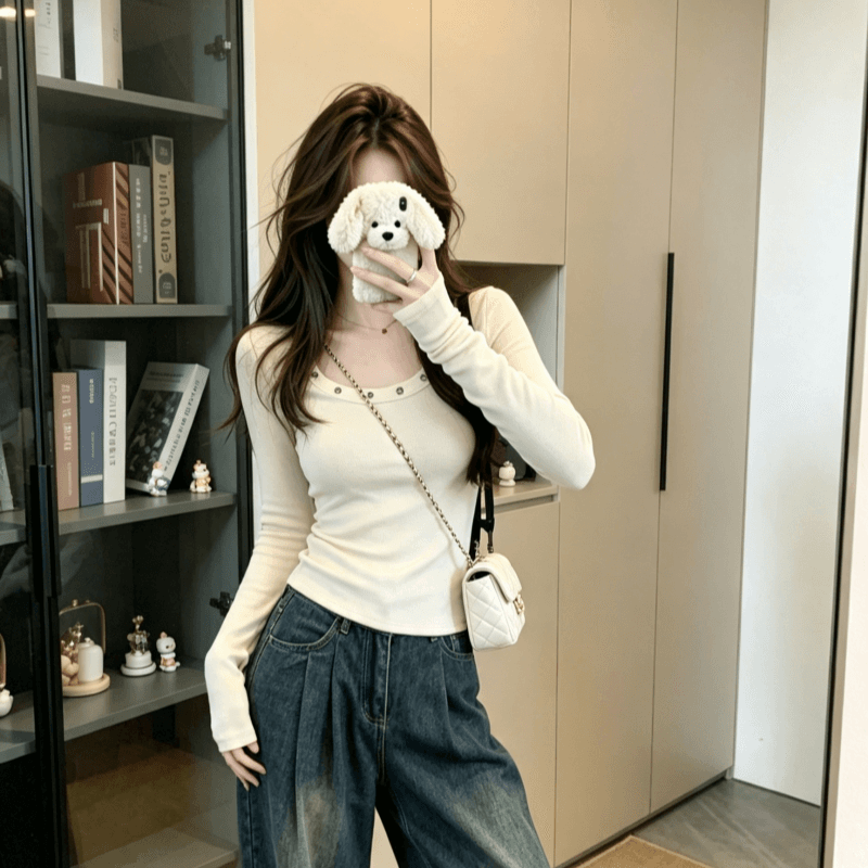 실사 가을 한국 스타일 낮음 라운드 넥 징 품격 디자인 센스 양모 긴팔 기본 셔츠 티셔츠 맨위 상세 이미지 4