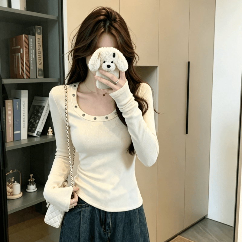 실사 가을 한국 스타일 낮음 라운드 넥 징 품격 디자인 센스 양모 긴팔 기본 셔츠 티셔츠 맨위 상세 이미지 5