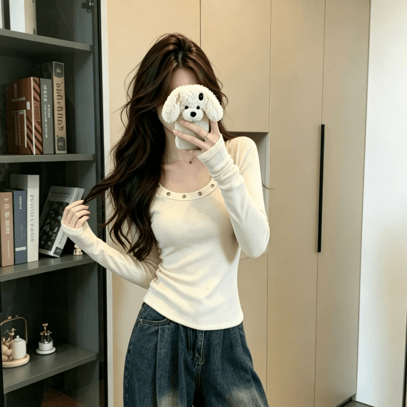 실사 가을 한국 스타일 낮음 라운드 넥 징 품격 디자인 센스 양모 긴팔 기본 셔츠 티셔츠 맨위 상세 이미지 9