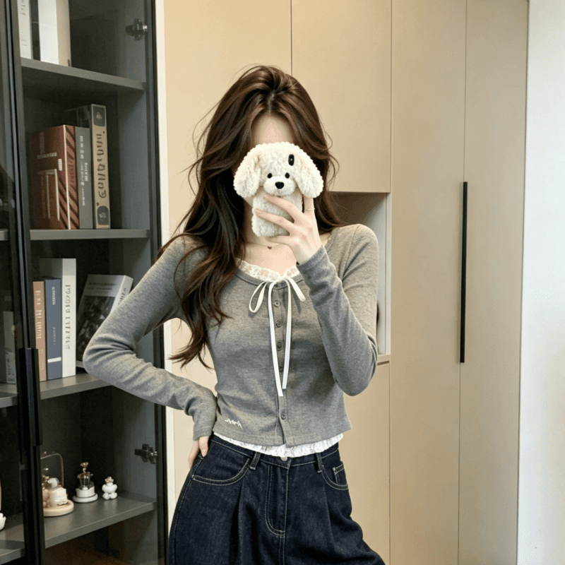 실사 순수한 욕망 레이스 조각 티셔츠 2026 가을 몸매 가꾸기 슬림해 보이는 페이크 레이어드 긴팔 기본 셔츠 맨위 여성 ins 상세 이미지 4